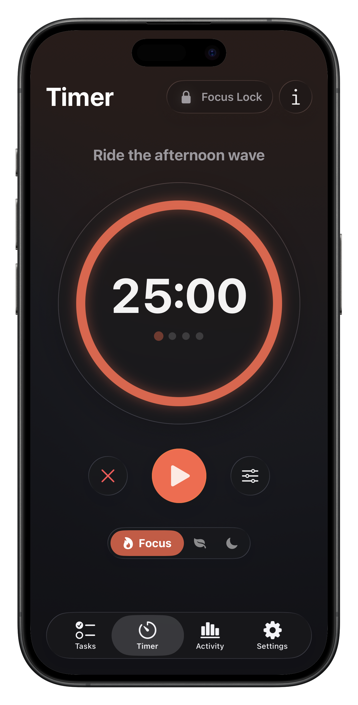 Pomodoro timer at 25:00 with Focus Lock